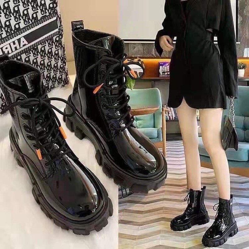 Giày Boot Cao Cổ Style Ulzzang EA7 Siêu Hottrend - bốt cổ cao da bóng gót vuông Cao Cấp